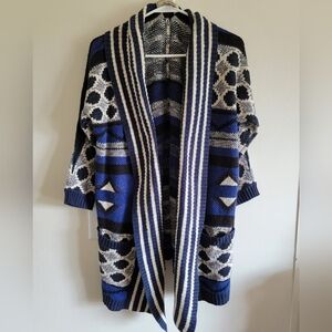 Lucky Brand Blue, White & Black Geometric Open-Front Cardigan Sz XS/S